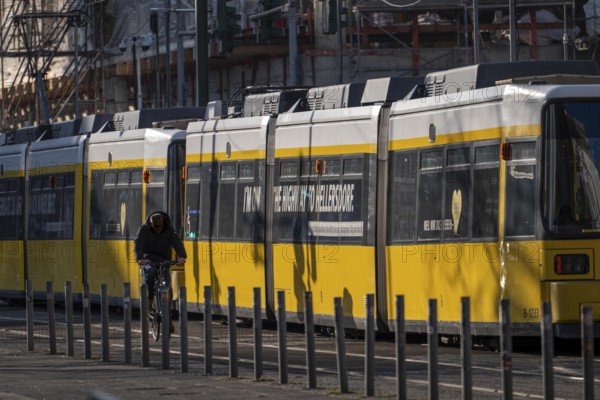 BVG tramway, Berliner VerkehrsBetriebe, with the advertising slogan I am on the Highway to Hellersdorf, based on the ACDC hit Highway to Hell, Germany