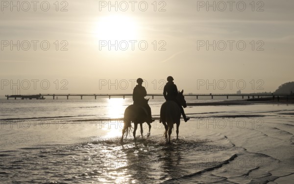 Two female riders ride their horses through the shallow water of the Baltic Sea at sunrise, Scharbeutz, 29.11.2025, Scharbeutz, Schleswig-Holstein, Germany
