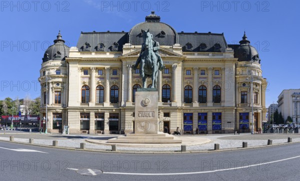 University library with the equestrian statue of King Charles I of Romania, Bucharest, Romania