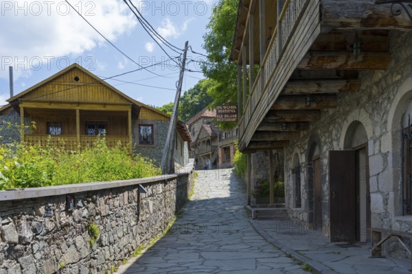 View of a quiet cobblestone street in a village lined with old buildings and green plants, Old Town, Sharambeyan Street, Dilijan, Delijan, Delijan, Tavush Province, Armenia