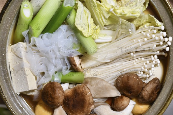 Top view of Japanese nabe or nabemono soup dish with unkooked Chinese cabbage, tofu, enoki and shitake mushrooms and Shirataki noodles in