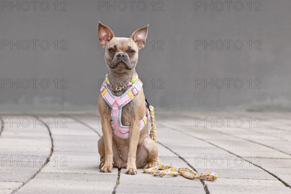 Cute French Bulldog wearing a y-shaped dog harness, leash and necklace in front of gray wall