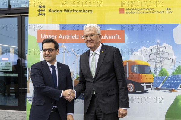 Annual event on the BW Automotive Industry Strategy Dialogue (SDA) in Stuttgart. From left, Stéphane Séjourné (Executive Vice President of the European Commission and Commissioner for Prosperity and Industrial Strategy), Winfried Kretschmann, (Greens, Minister-President BW), Automotive Industry Conference. Stuttgart, Baden-WÃ¼rttemberg, Germany