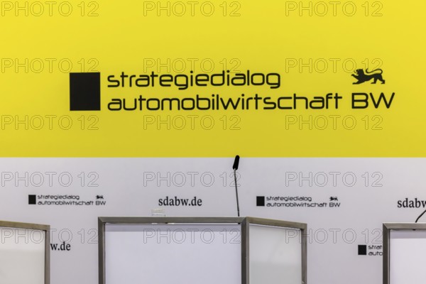 Annual event on the BW Automotive Industry Strategy Dialogue (SDA) in Stuttgart. Stage with logo and lectern. Automotive industry conference. Stuttgart, Baden-WÃ¼rttemberg, Germany