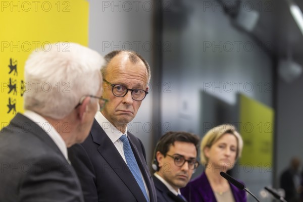Annual event on the BW Automotive Industry Strategy Dialogue (SDA) in Stuttgart. Press conference with Winfried Kretschmann (Greens, Minister-President BW), Friedrich Merz (CDU, Federal Chancellor), Stéphane Séjourné (Executive Vice President of the European Commission and Commissioner for Prosperity and Industrial Strategy) and Nicole Hoffmeister-Kraut (CDU, Minister of Economics BW) . Automotive industry conference. Stuttgart, Baden-WÃ¼rttemberg, Germany