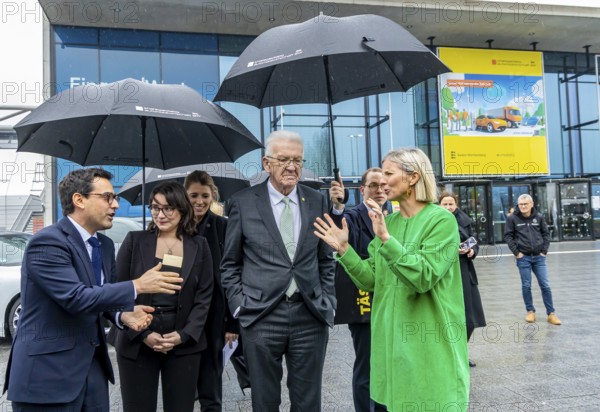 Annual event on the BW Automotive Industry Strategy Dialogue (SDA) in Stuttgart. Karin RÃ¥dström (Chief Executive Officer of Daimler Truck Holding AG) and Winfried Kretschmann, (Greens, Minister-President BW) . On the left, Stéphane Séjourné (Executive Vice President of the European Commission and Commissioner for Prosperity and Industrial Strategy) . Automotive industry conference. Stuttgart, Baden-WÃ¼rttemberg, Germany