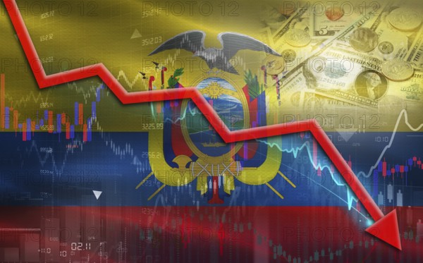 Ecuador financial fall on economy market. Ecuadorian financial crisis on economic graph