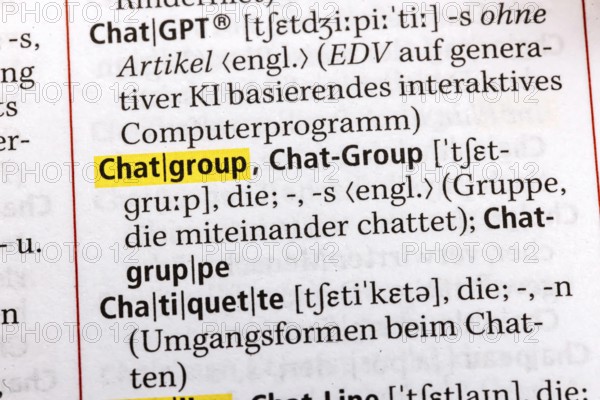 Chat Group, Chapter Group, Chat, Chat Line, Chat Room Caht GPT, Chatiquette. Terms from the Duden. Standard work of German spelling, 29th edition. germany