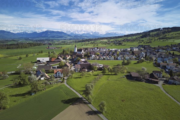 View of town, Rigi and the snowy Alps in the back, Beinwil, Freiamt, Canton, Aargau, Switzerland