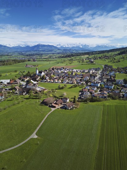 View of the village with Rigi and the snowy Alps in the back, Beinwil, Freiamt, Canton, Aargau, Switzerland