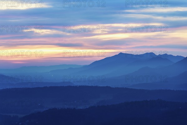 View of the Jura foothills from the Gisliflue, in the light of dusk, Talheim, Canton, Aargau, Switzerland