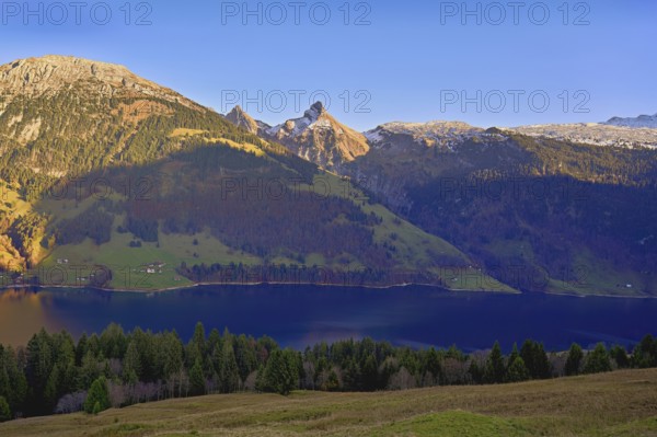View of Lake WÃ¤gitalersee with Schiberg and Zindelspitz in the background, Canton, Schwyz, Switzerland