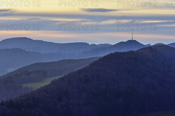 View from the Gisliflue of the Jurassic foothills of Wasserfluh, in the light of twilight, Talheim, Canton of Aargau, Switzerland