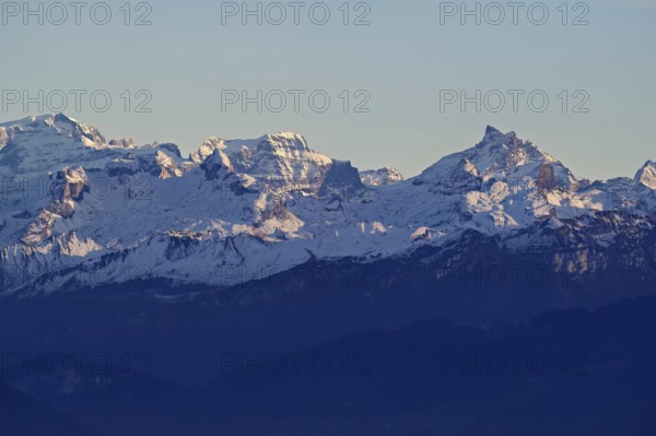 View of the snow-covered mountains from Horben TÃ¶di, Chammliberg, SchÃ¤rhorn, Beinwil-Freiamt, Canton, Aargau, Switzerland