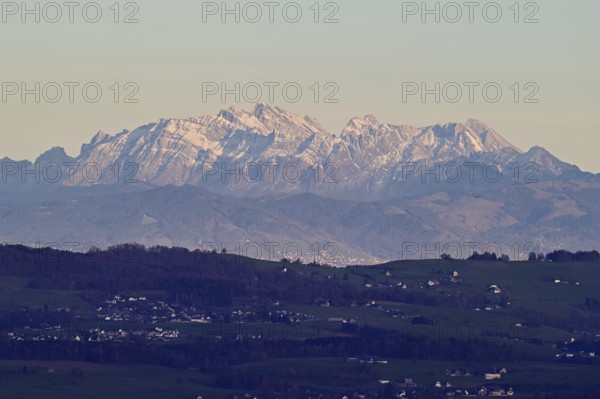 View from Horben of the Alpstein Mountains with the SÃ¤ntis, Beinwil-Freiamt, Canton, Aargau, Switzerland