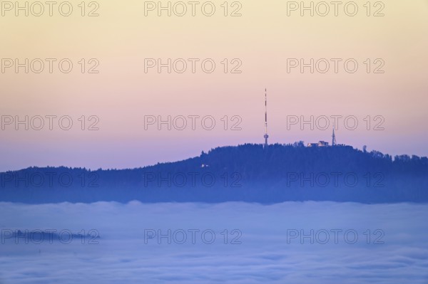 Uetliberg with transmission tower over the sea of fog, Canton, Zurich, Switzerland