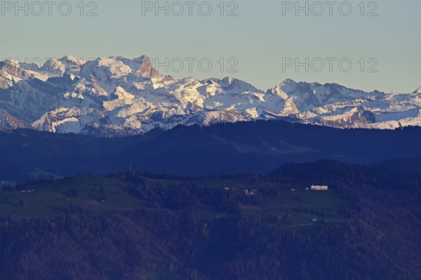 View from Horben of Zugerberg and the snow-covered BÃ¤chlistock, Beinwil-Freiamt, Canton, Aargau, Switzerland