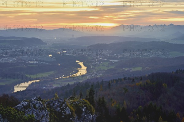 View of the Jura foothills from the Gisliflue, in the light of the setting sun, in the foreground the city of Aarau, Talheim, Canton, Aargau, Switzerland