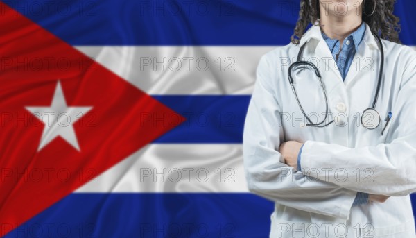 Medical professional on Cuba flag. Healthcare and wellness in Cuba, Concept