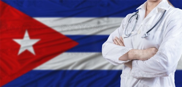 Doctor with crossed arms on Cuba flag. Cuban health and care concept. Female doctor on Cuba flag