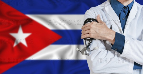 Cuba healthcare concept. Doctor with stethoscope on Cuba flag. Doctor holding stethoscope on Cuban flag