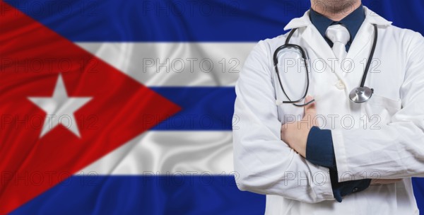 Male doctor with stethoscope on Cuba flag. Doctor holding stethoscope on Cuba flag