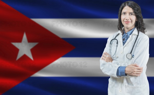 Cuban medicine and healthcare concept. Doctor close up against Cuba flag background