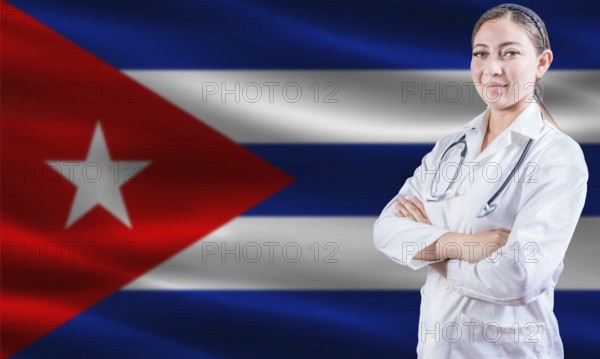 Female doctor on Cuban flag. Doctor with crossed arms on Cuba flag. Cuban health and care concept