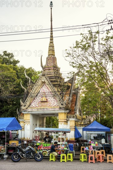 Food stand in front of a temple, Prachuap Khiri Khan, Prachuap Khiri Khan Province, Central Thailand, Thailand