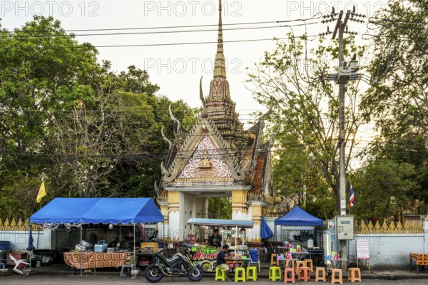 Food stand in front of a temple, Prachuap Khiri Khan, Prachuap Khiri Khan Province, Central Thailand, Thailand