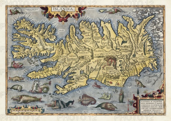 One of the most famous Iceland maps from the Renaissance, Islandia, hand-colored copper engraving by Abraham Ortelius with sea monsters, Hella volcano and polar bears in drift ice, from Theatrum Orbis Terrarum, 1585