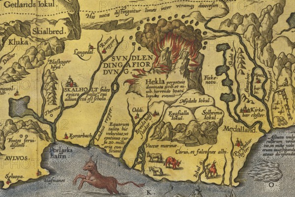 One of the most famous island maps from the Renaissance, Islandia, hand-colored copper engraving by Abraham Ortelius with Hella volcano, from Theatrum Orbis Terrarum, 1585