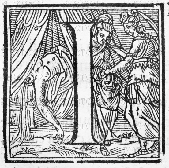 Judith with the Head of Holofernes, woodcut, initial I, from: Ulysses Aldrovandi (1522-1603), Ornithologiae hoc est de avibus Historiae Libri XII, Bologna, 1599