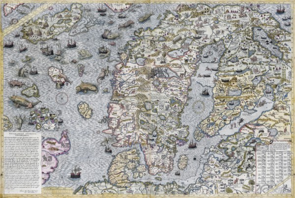 Carta marina et descriptio septemtrionalium terrarum ac mirabilium rerum in ice contentarum diligentissime elaborata anno domini 1539 (nautical chart and description of the Nordic countries and their wonders, carefully executed in the year of the Lord 1539), original by Olaus Magnus, here copy, hand-colored copper engraving by Antonio Lafreri, 1572
