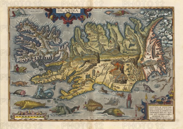 One of the most famous Iceland maps from the Renaissance, Islandia, hand-colored copper engraving by Abraham Ortelius with sea monsters, Hella volcano and polar bears in drift ice, from Theatrum Orbis Terrarum, 1585