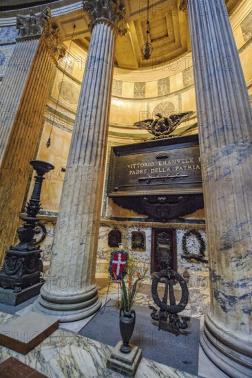 Tomb tomb of King Vittorio Emanuele II of Italy with memorial plaque and inscription Padre della Patria Father of the Fatherland of the Fatherland in ancient Roman temple Pantheon di of Agrippa today church Basilica of Santa Maria ad Martyres, Rome, Lazio, Italy