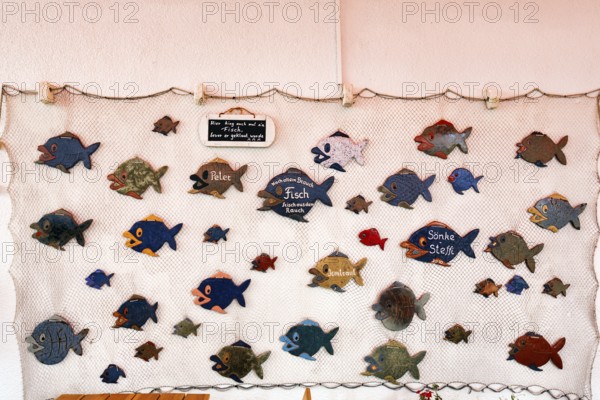 Maritime decoration, various wooden fish in a fishing net, funny signs, garden restaurant, Mönchgut, RÃ¼gen, Germany