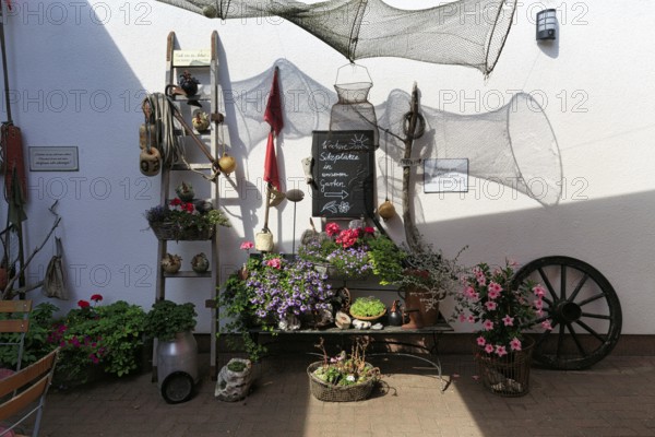 Decorative garden corner, maritime and rural elements, flower pot, garden restaurant, MÃ¶nchgut, RÃ¼gen, Germany