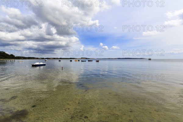 Picturesque coastal landscape with boats on water, sunny summer weather, MÃ¶nchgut, RÃ¼gen, Germany