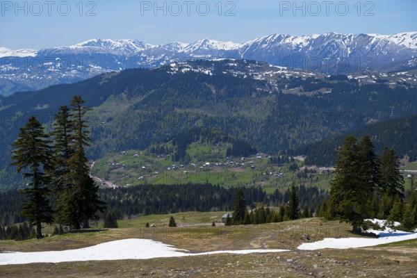 Panorama with snow-capped mountains, green valley and isolated houses under blue sky, view from Goderdzi Pass, Ajara region, Adjara, autonomous republic, Georgia