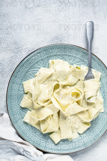 Pasta papardelle in creamy garlic sauce, traditional Italian cuisine, pasta carbonara, homemade, no people