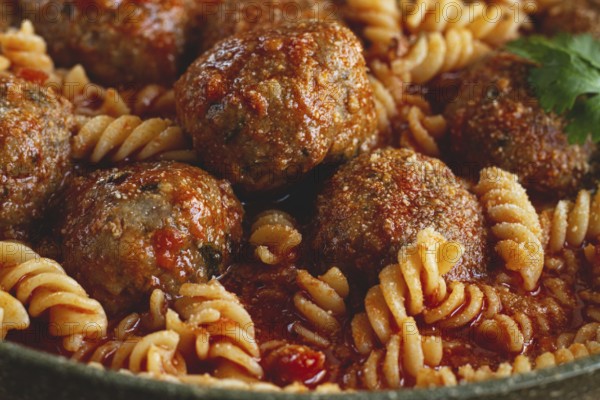 Minced meat meatballs, in tomato sauce, with fusilli pasta, in a cast-iron pan, homemade, no people