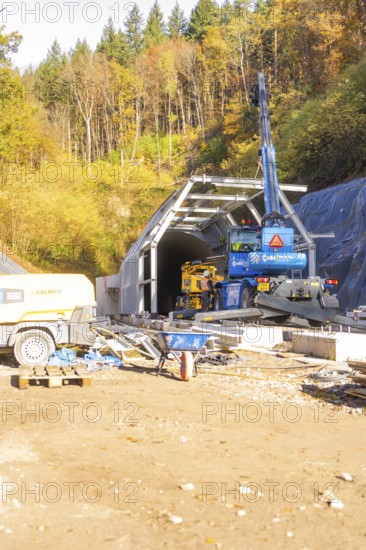 Construction work on a tunnel in an autumn forest landscape, Hermann Hesse Railway bat tunnel construction site, Calw, Black Forest, Germany