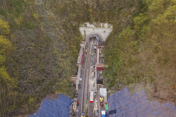 Aerial view of a railway tunnel construction site surrounded by trees, Hermann Hesse Railway bat tunnel construction site, Calw, Black Forest, Germany