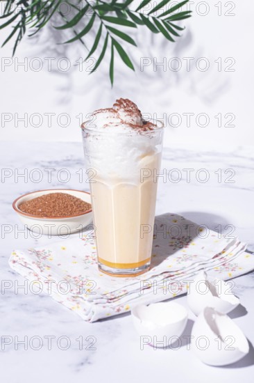 Eggnog drink, egg yolk, in a glass, with cream and cinnamon, sunlight