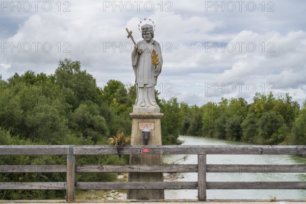 St. Nepomuk, bridge saint, statue, landscape on the Isar, Lenggries, Isarwinkel, Upper Bavaria, Bavaria, Germany