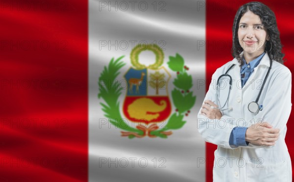 Syrian medicine and healthcare concept. Doctor close up against Syria flag background