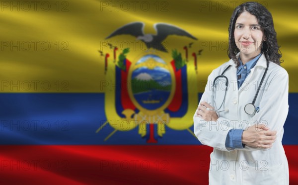 Ecuadorian medicine and healthcare concept. Doctor close up against Ecuador flag background