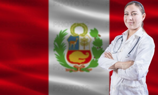 Female doctor on Peru flag. Doctor with crossed arms on Peru flag. Peru health and care concept