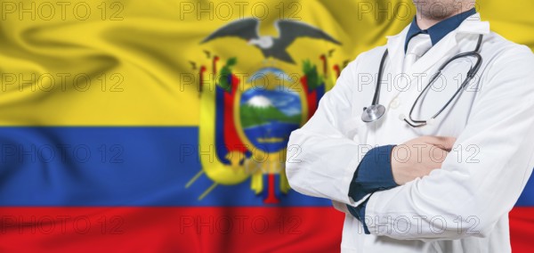 Ecuador healthcare concept. Male doctor on Ecuador flag. Doctor with crossed arms on Ecuador flag